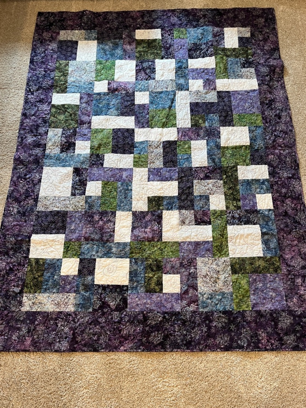 Handmade Patchwork Quilt in Purple, Blue, Green, White